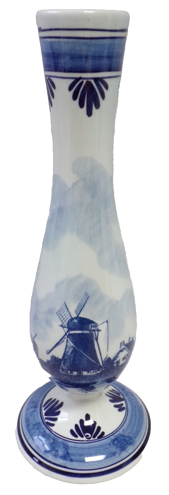 DELFT BLUE HOLLAND VINTAGE CERAMIC BUD FLOWER VASE HAND PAINTED DUTCH WINDMILL