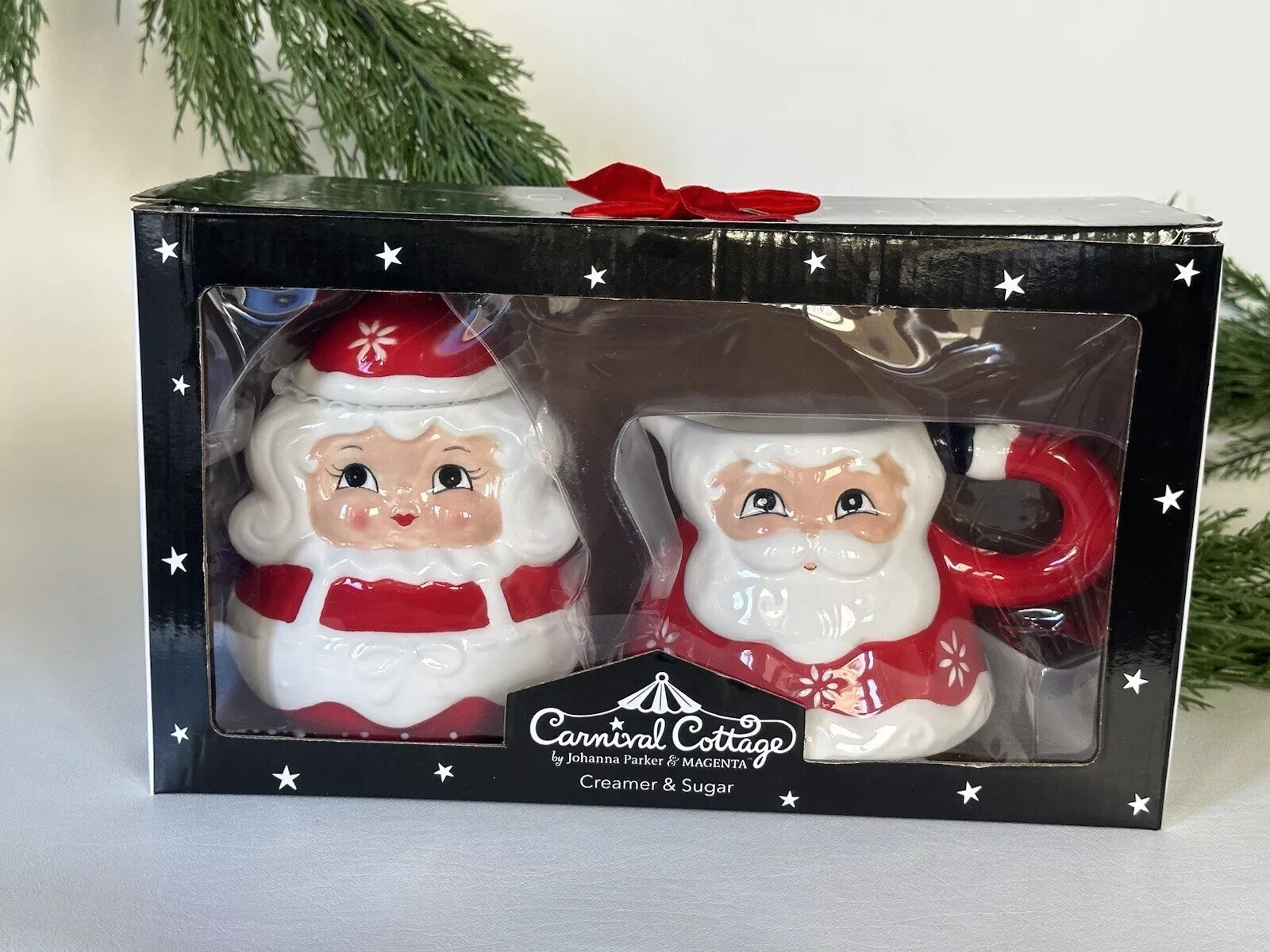 Johanna Parker Carnival Cottage Creamer Sugar Set Christmas Mr. Mrs. Claus Santa