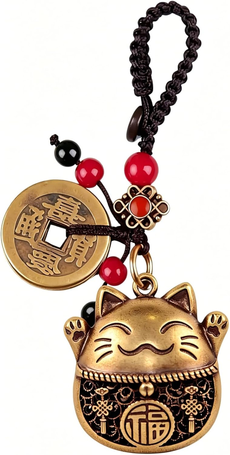 Brass Maneki Neko Keychain, Vintage Lucky Cat Pendant with Five Emperors Money