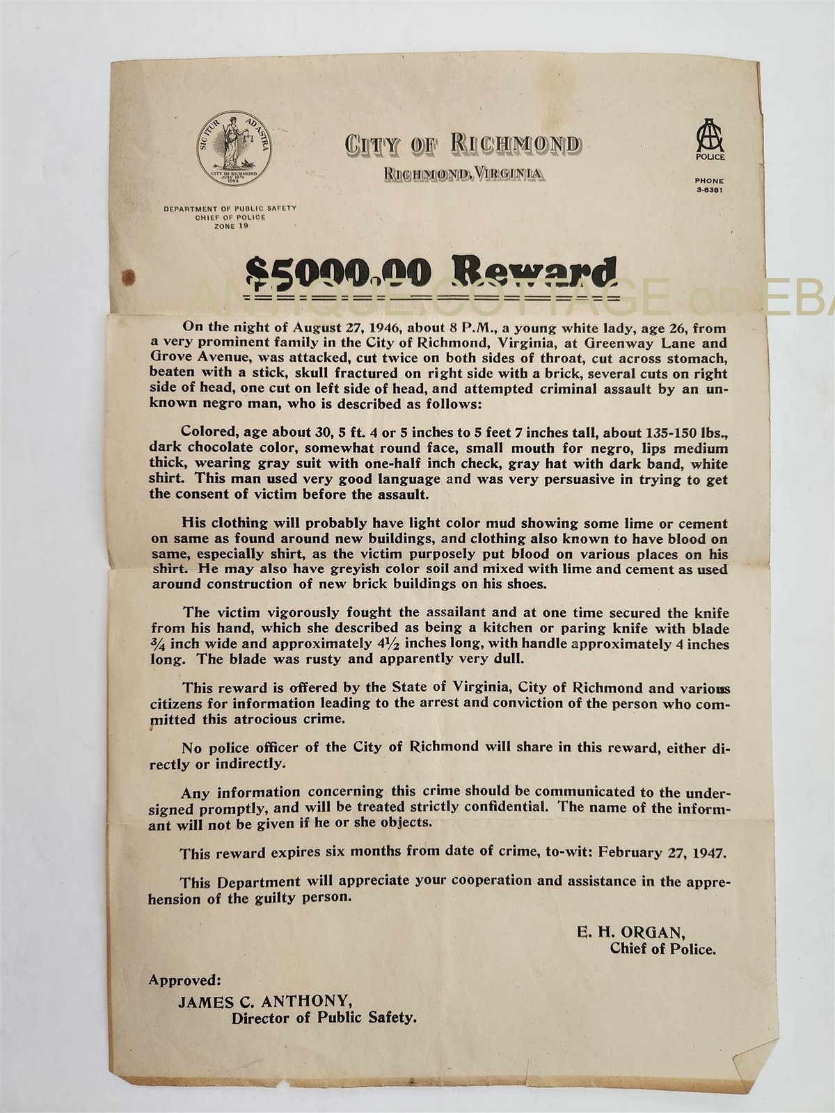 1946 antique AFRICAN AMERICAN CRIMINAL $5000 REWARD richmond va HEINOUS VIOLENT