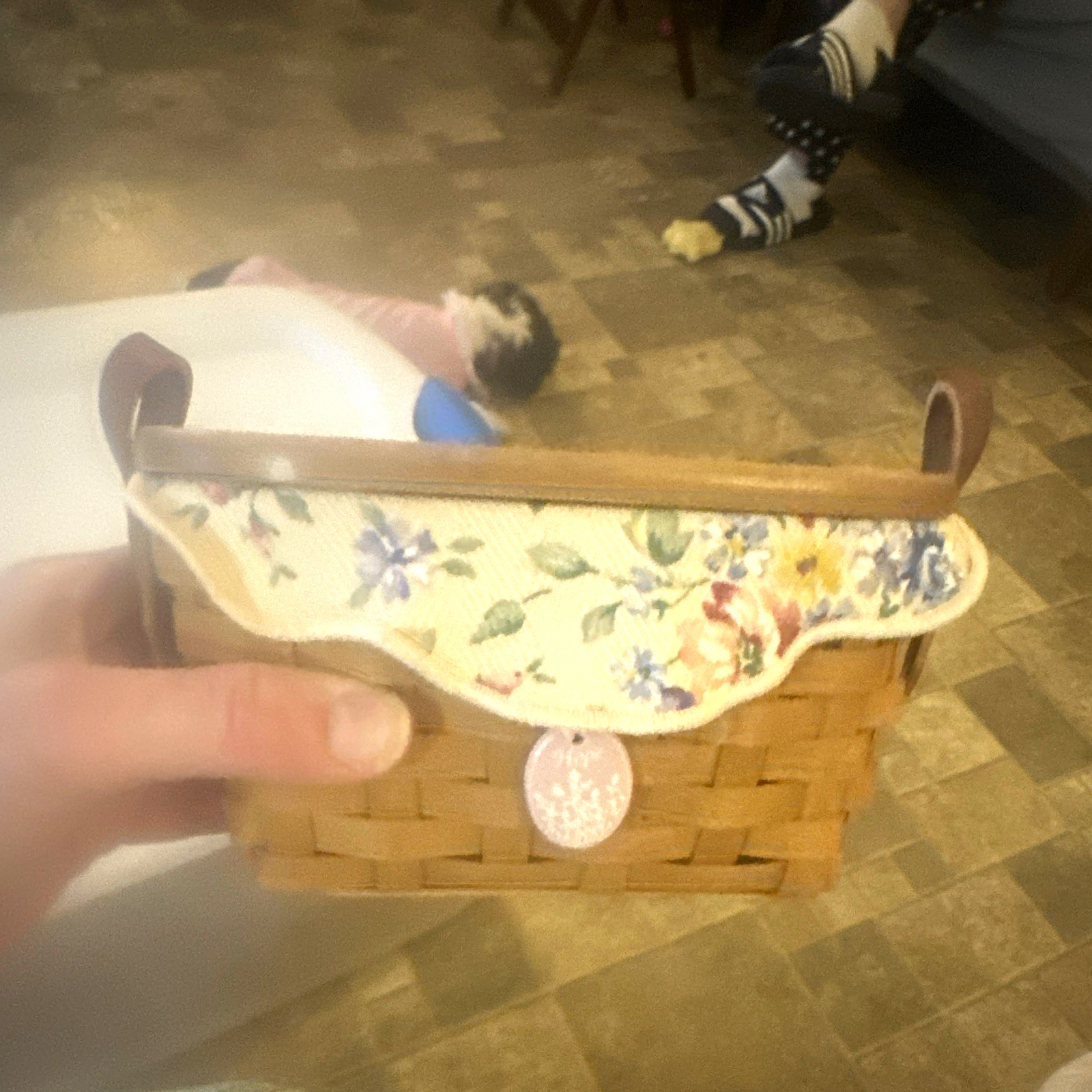 Longaberger Small Rectangle Woven Basket w/ Lid Liner Floral 1998