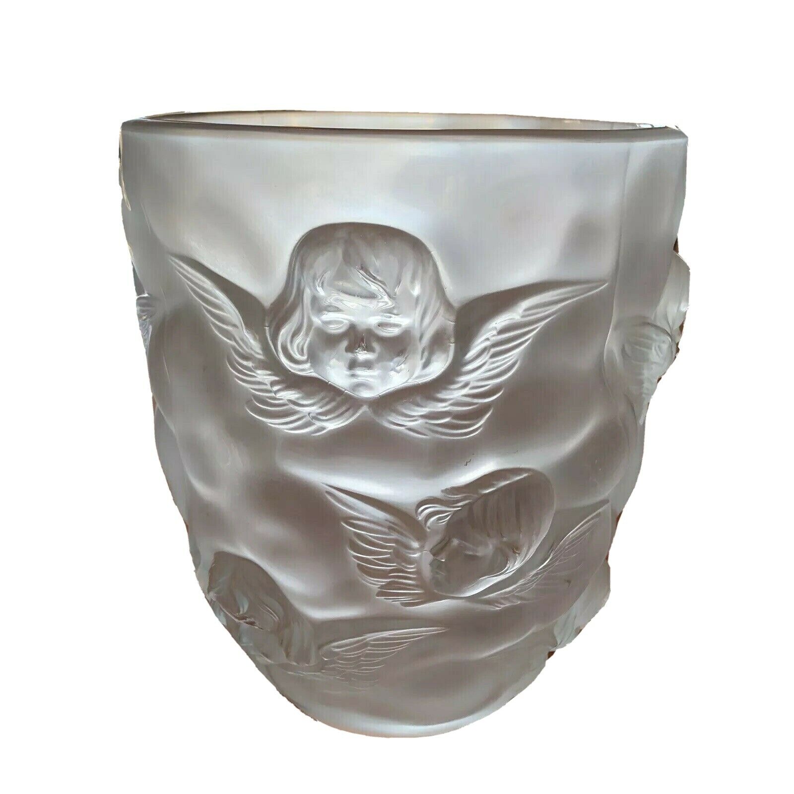 Vtg French Sculpted Lalique-Style Figural Cherub Angel Frosted Glass Vase 9\