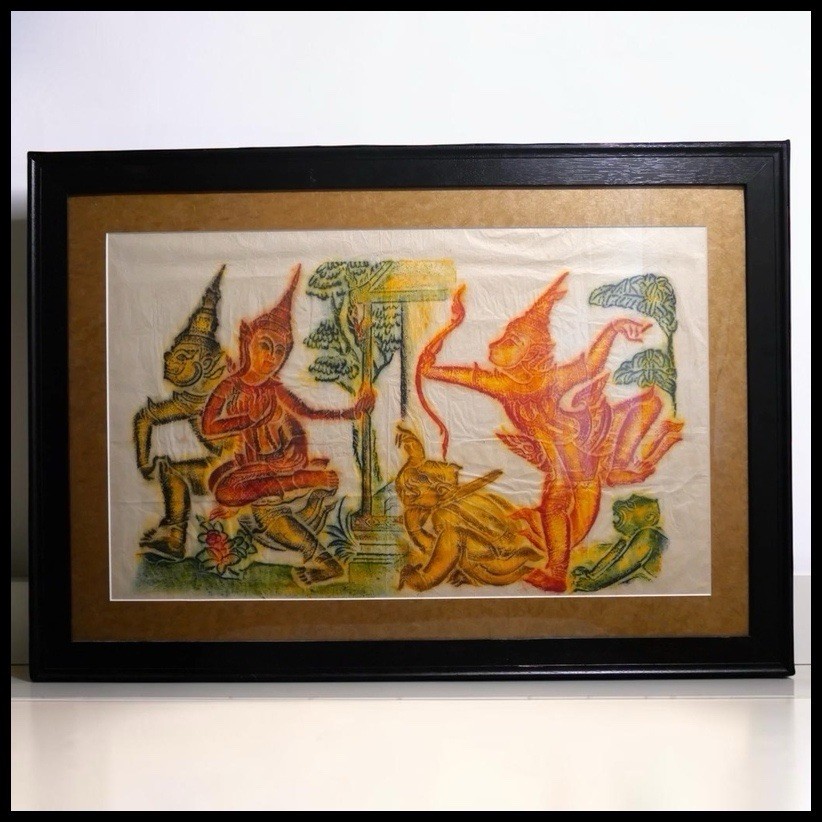 Vintage 1970 Thai Pre-Ban Ramakien King Rama Tosakanth Temple Rubbing Framed