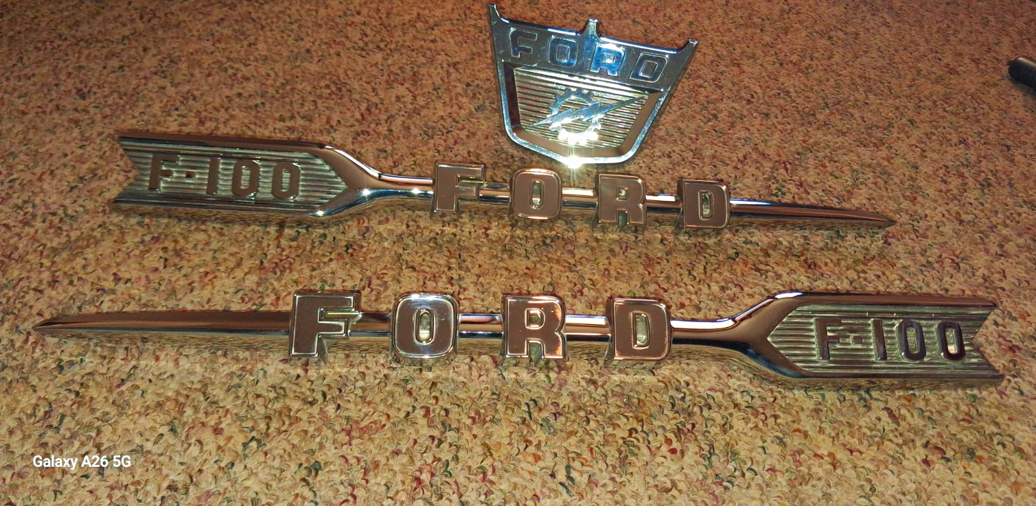 Ford F-100 Chrome Hood Ornament Emblem Set w/ FORD Shield Badge & 2 Spears