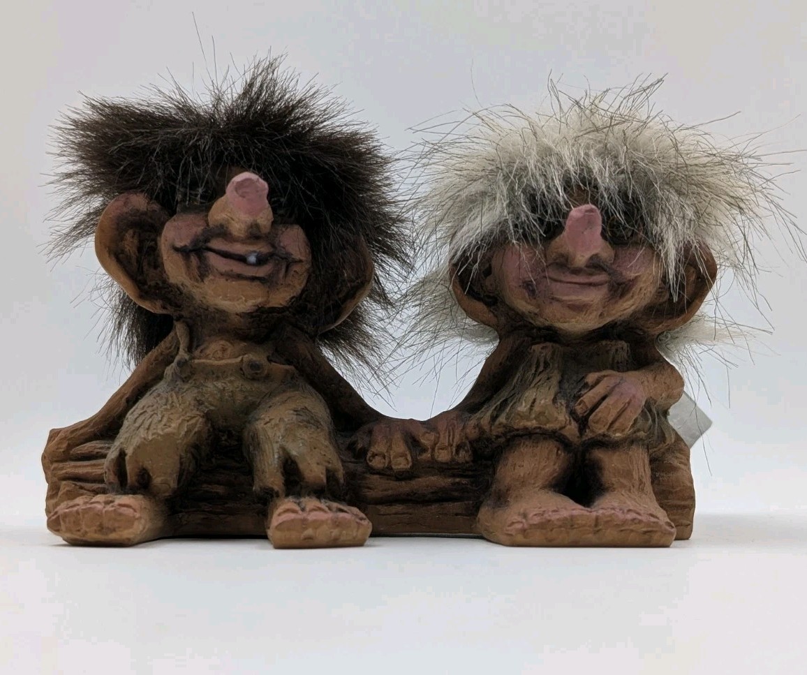 Nyform Troll Couple Sitting On Log Handmade in Norway Collectible #175