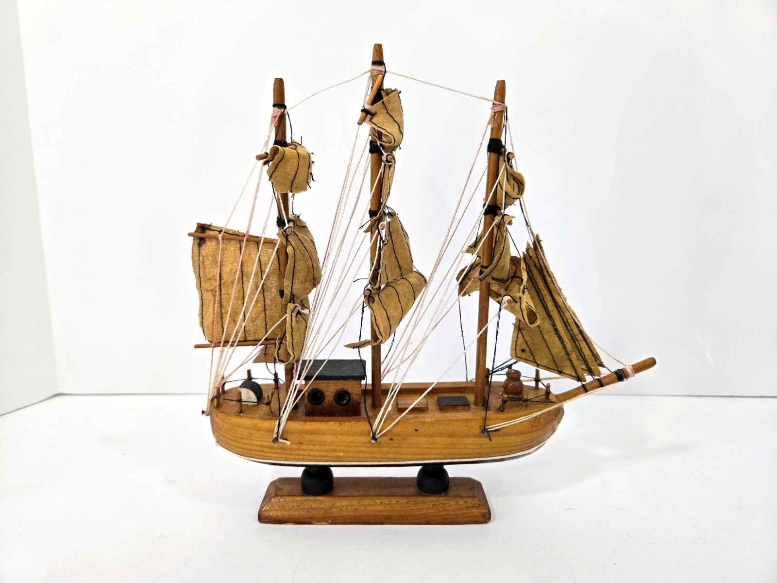 Vintage 3-Mast Tall Ship Clipper Model – Wood & Canvas Sailing Ship Nautical