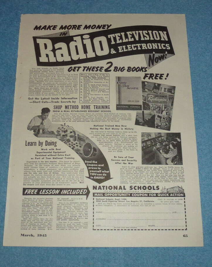 Antique 1945 Ad Turner Microphones + National Schools Radio & Televsion 