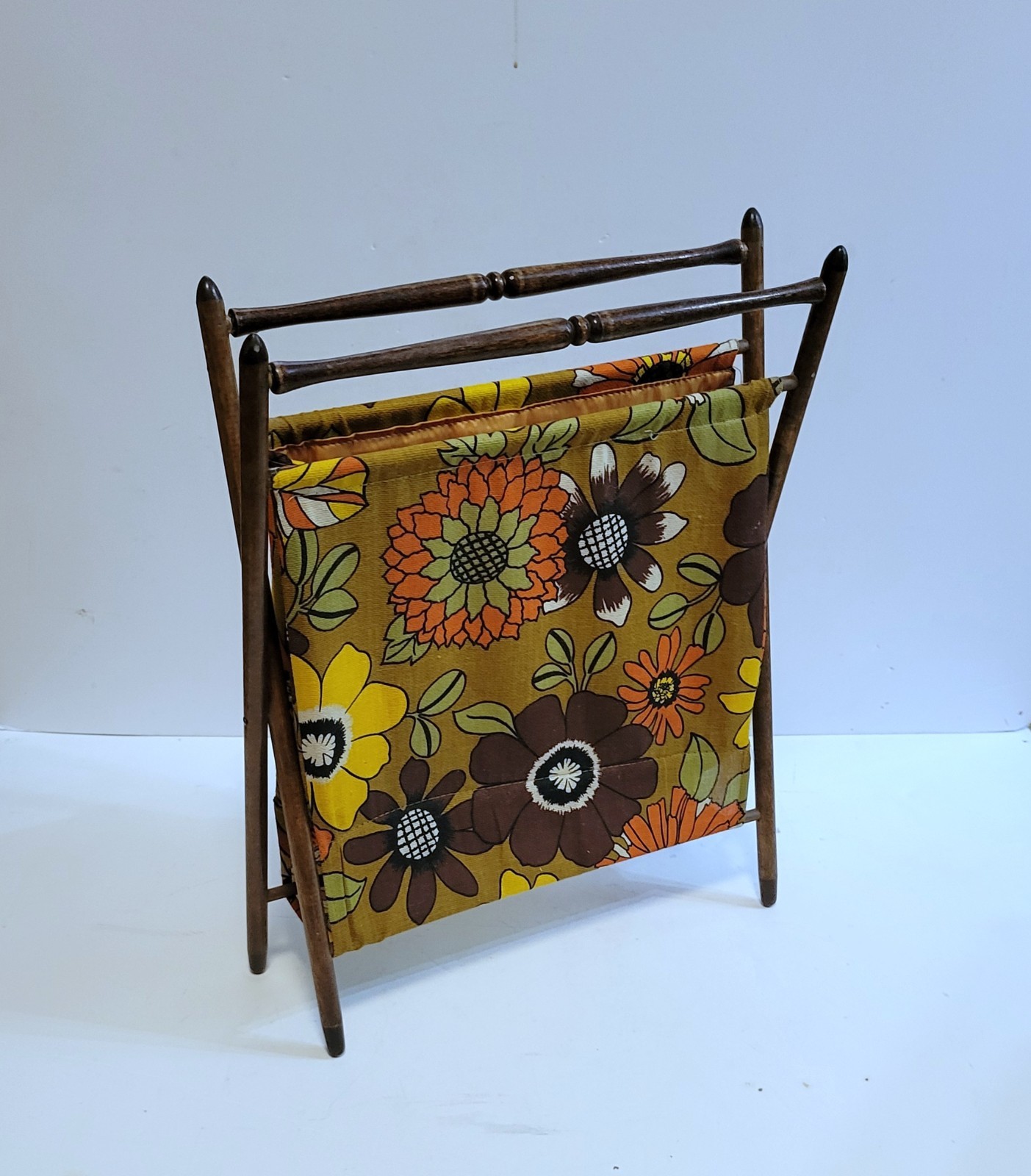 Vintage Folding Wood Sewing Knitting Yarn Craft Basket Flower Power 1970s Retro