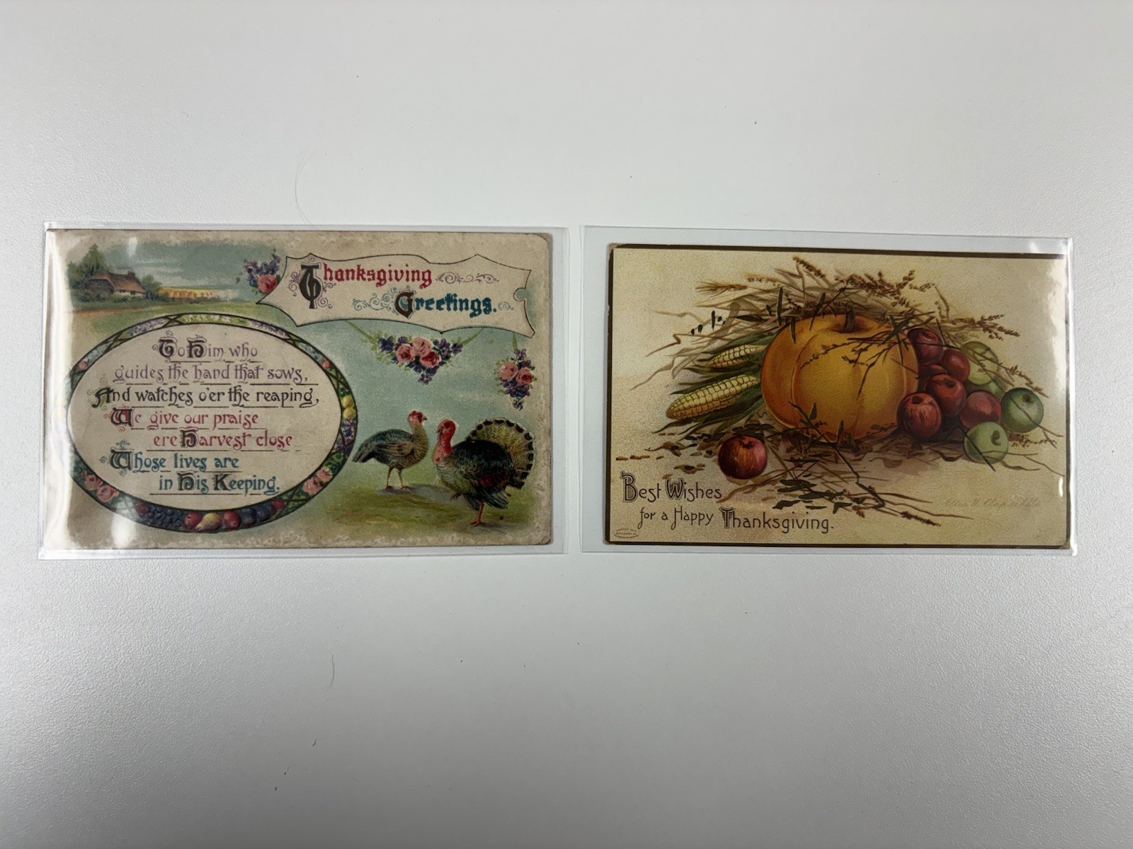 2 Antique Thanksgiving Postcards 1908 1913 Turkeys Pumpkin Harvest Vintage
