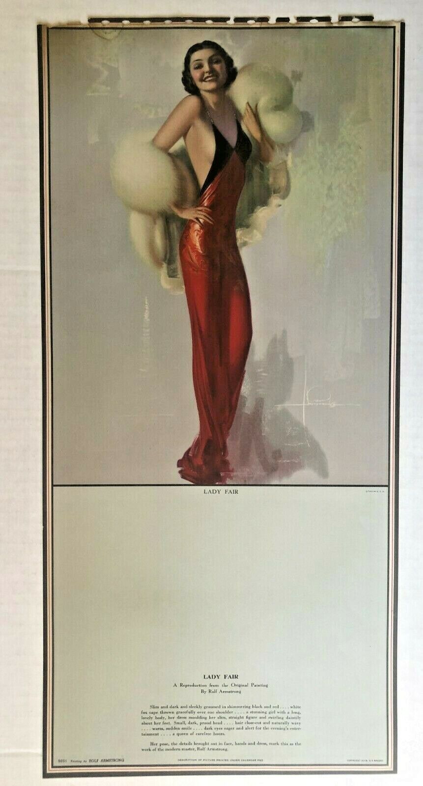 Beautiful 1938 Pinup Girl Picture by Rolf Armstrong - Lady Fair Brunette in Red