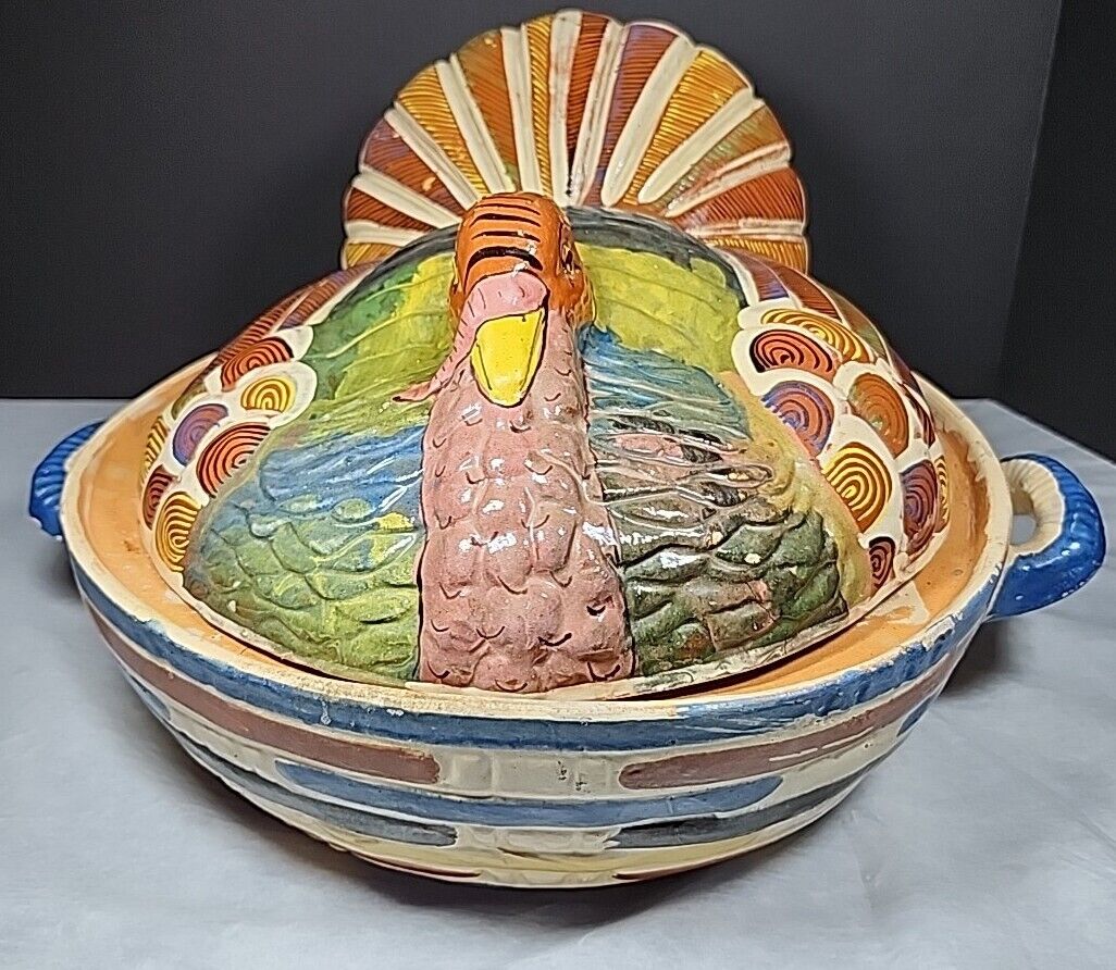 Antique Style Mexico Pottery Tlaquepaque TerraCotta Turkey Bird Casserole Pot 15
