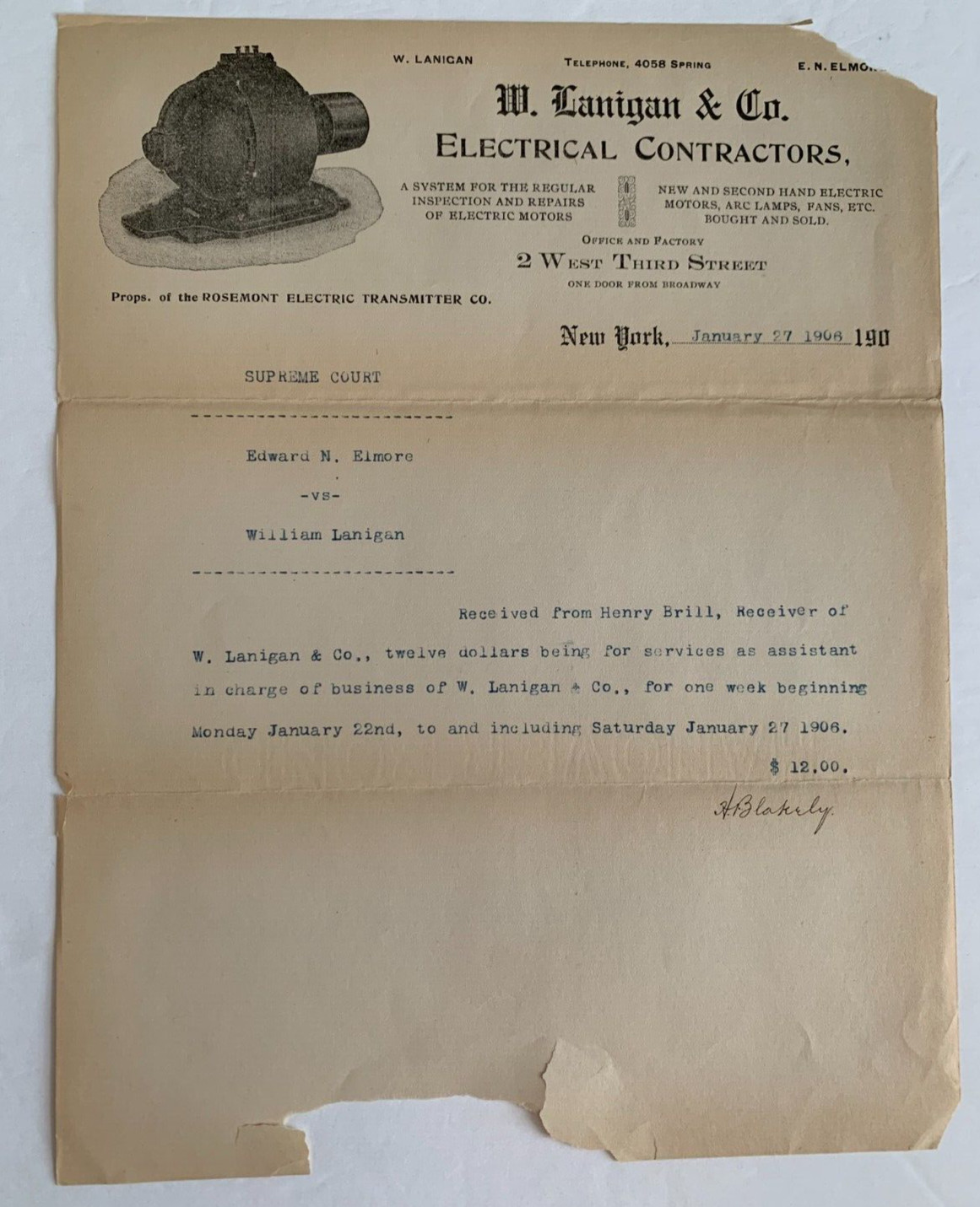 Vintage 1906 Billhead New York W Lanigan & Co Electrical Contractors West 3rd St