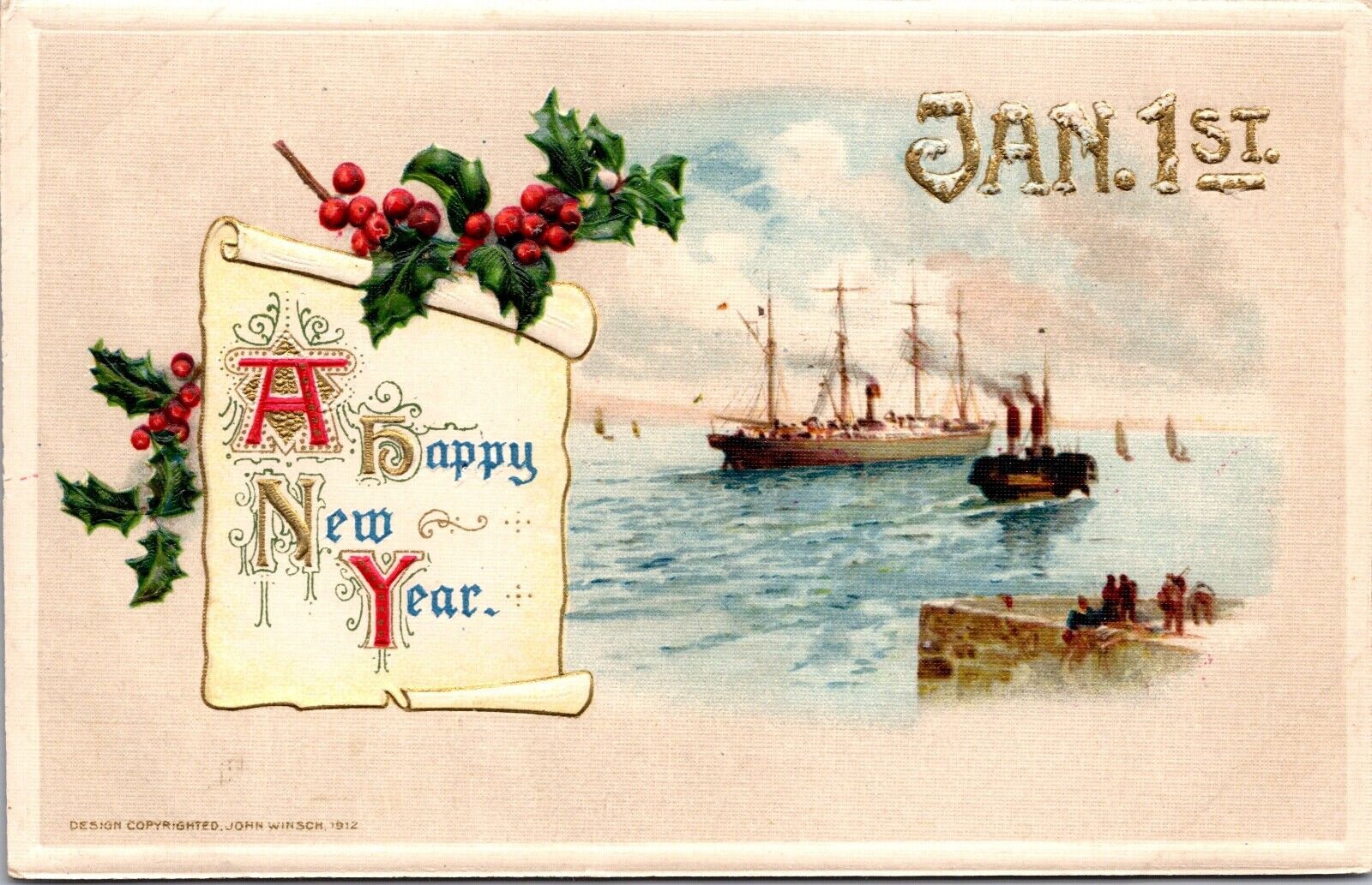 1912 John Winsch New Year Postcard Ships Sailing Off Shore