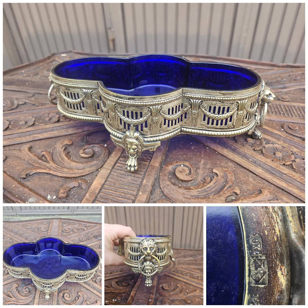 Antique WMF Metal /Glass silver plated LOUIS XVI decor lion planter jardiniere