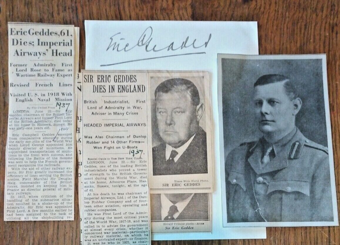 First Lord of the Admiralty Sir Eric Geddes Autograph Photo & Newspaper clipping