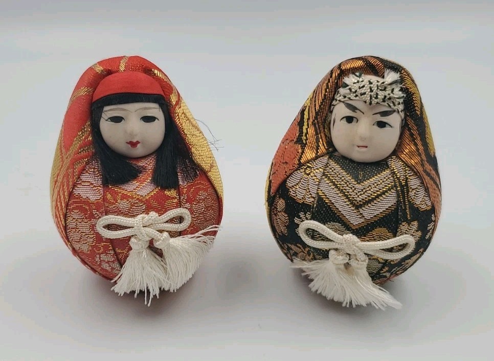 Vintage Couple Japanese Wedding Hime Daruma Dolls Round Shelf Statue Display