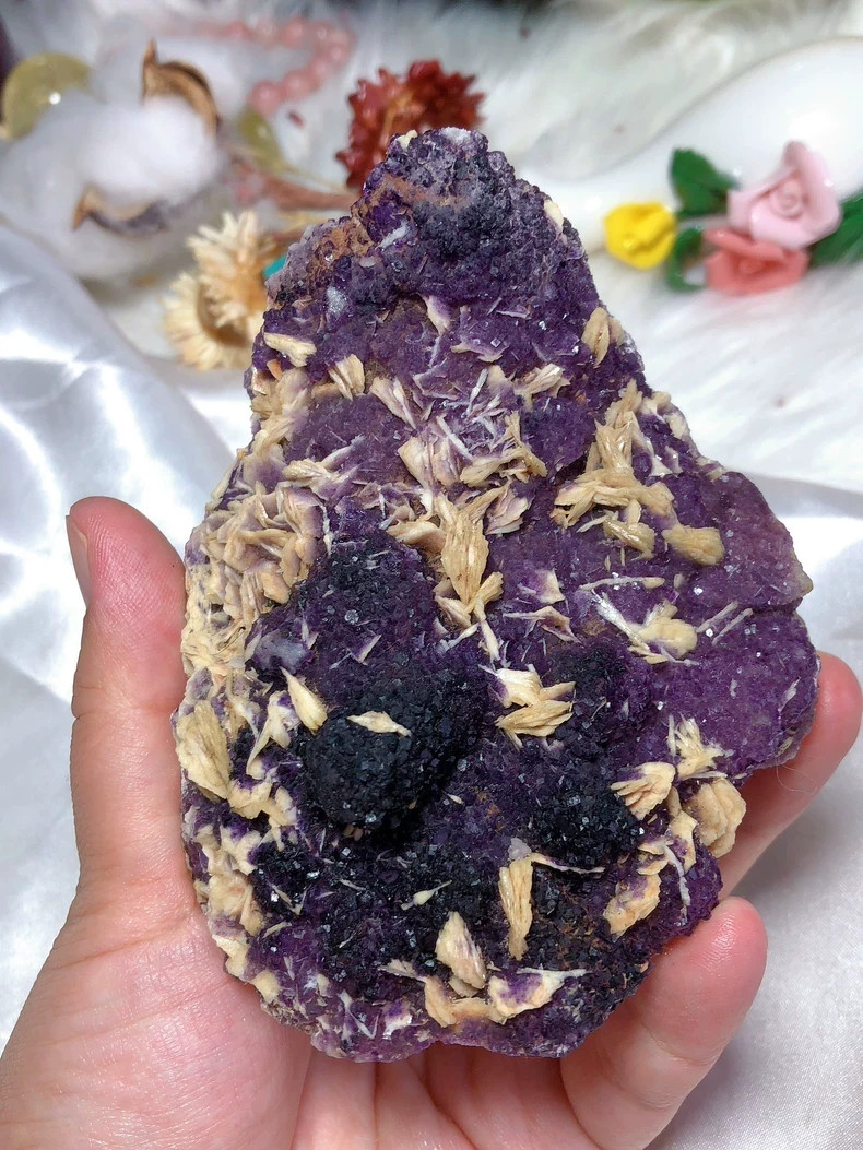Natural Purple Fluorite with Siderite Blades, Raw Mineral Specimen