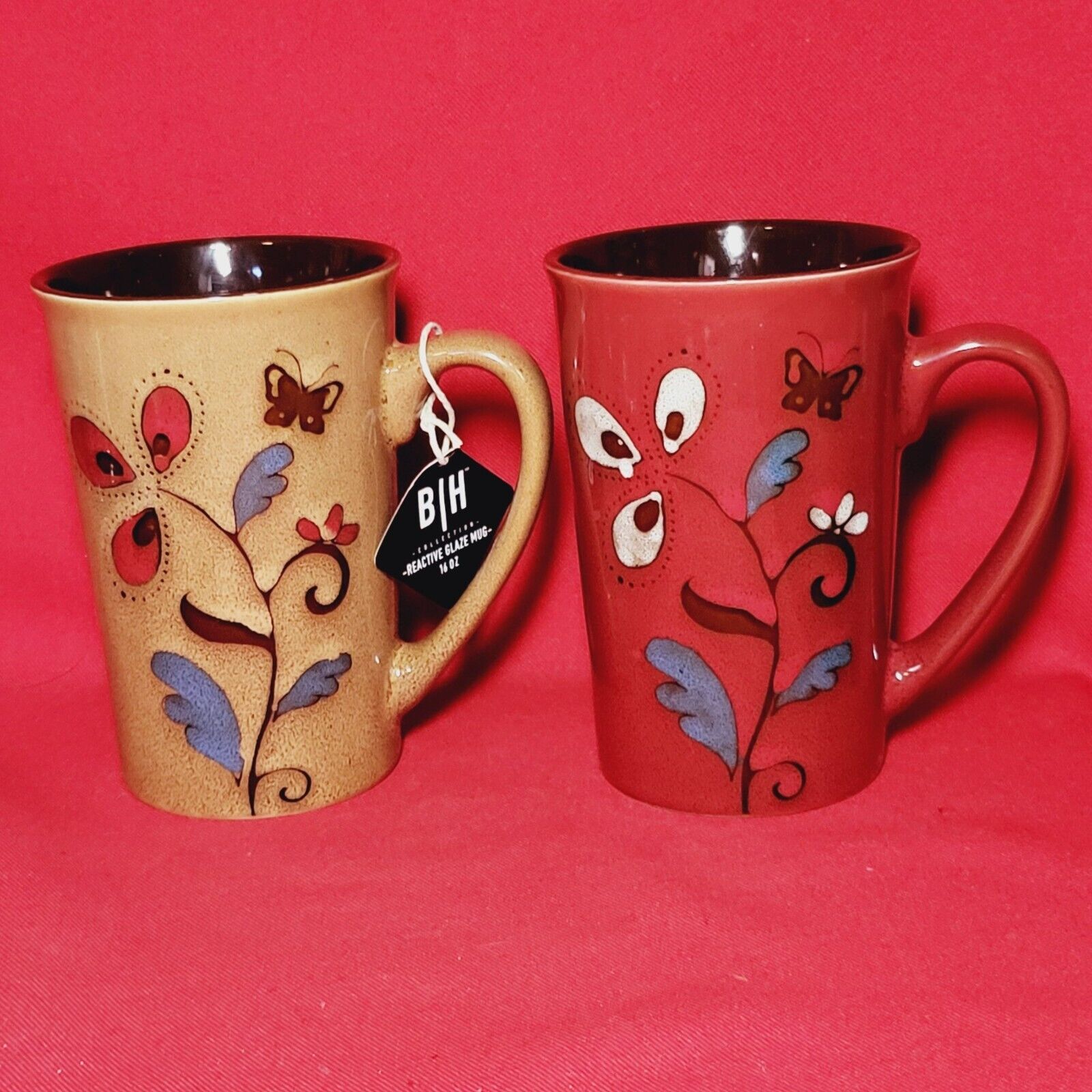 Blue Harbor Tall Floral Mug Brown and Red 16 oz Set of 2