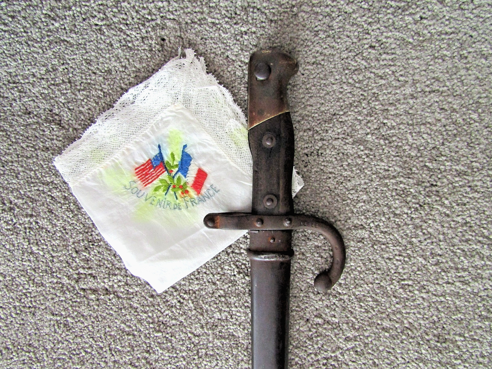 Antique 1870\'s French Bayonet and WW I Silk Antique 1870\'s French Bayonet and WW I Silk