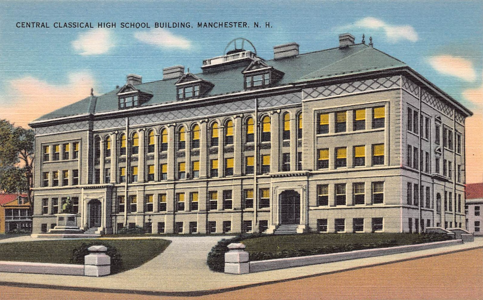 New Hampshire Manchester NH Linen High School Central 1940s Vtg Postcard N11