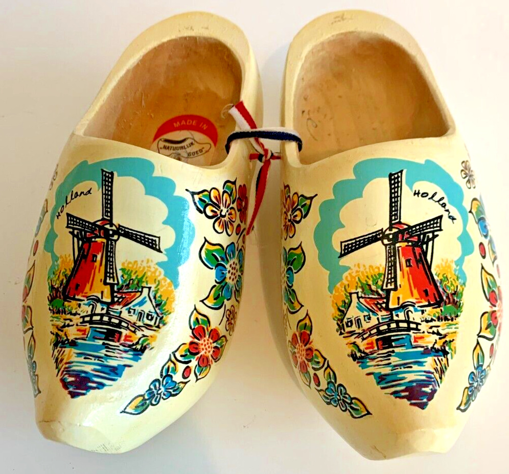 Vintatge Holland Dutch Collectible Hand Carved Wooden Shoes Clogs Windmills