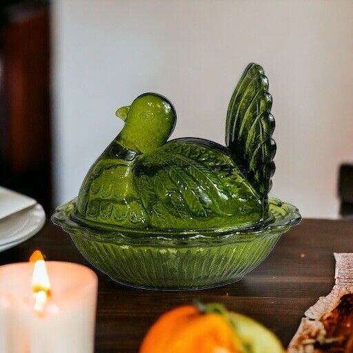 Vintage Small Green Glass Turkey Dish with Lid Thanksgiving