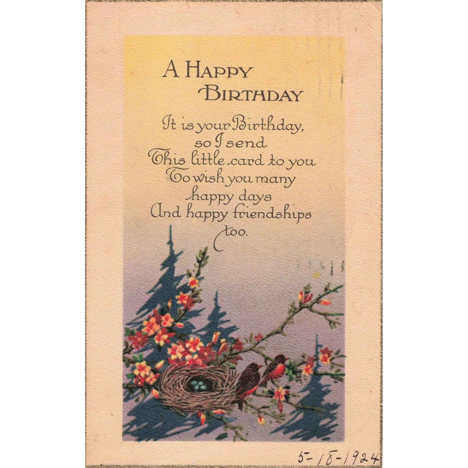 Vintage 1924 Happy Birthday Postcard Birds Nest Nature Scene 1c Washington Stamp