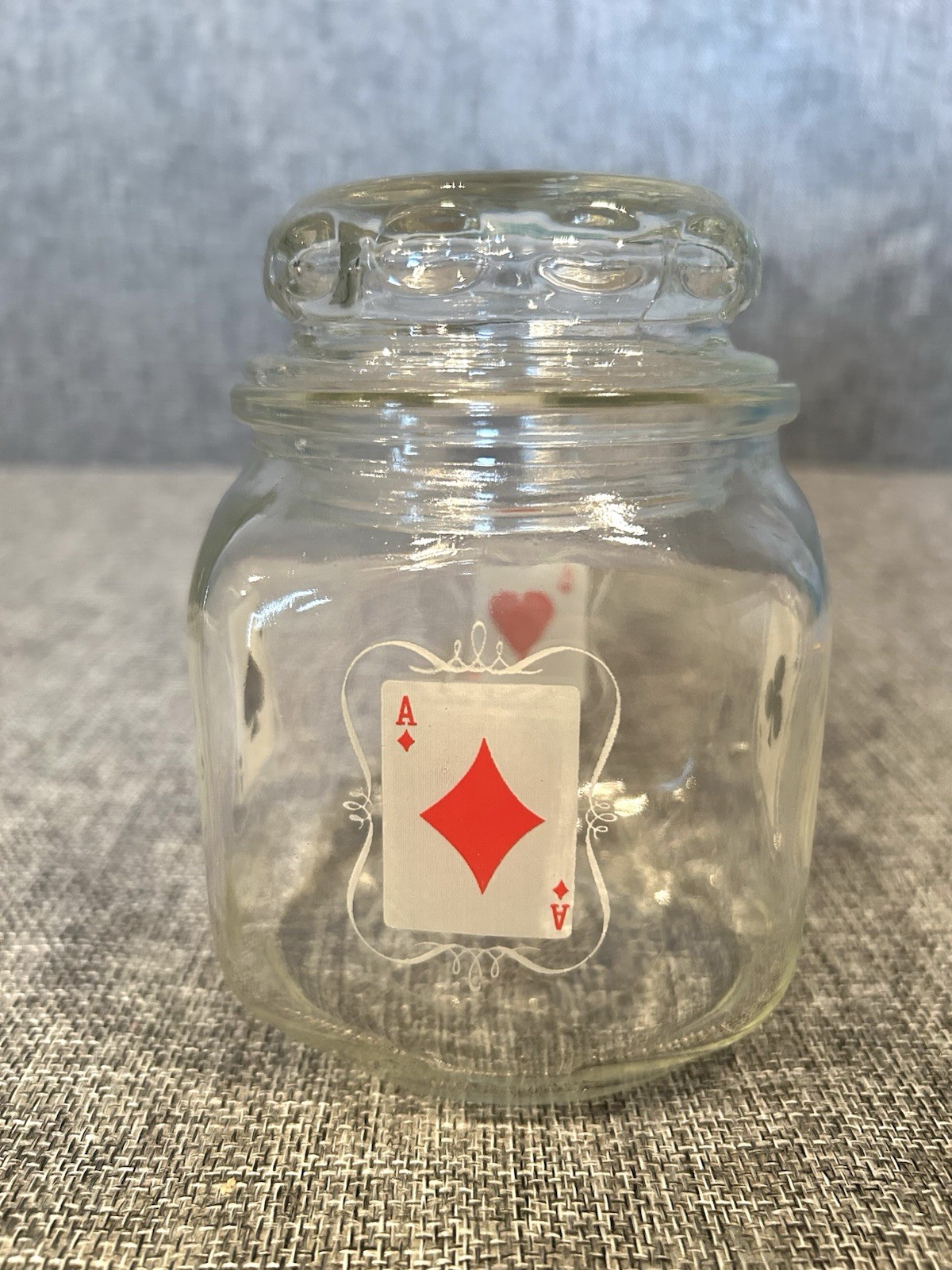 Vintage Duraglas Playing Card Suits Ace Square Clear Glass Jar w/ Lid - EUC