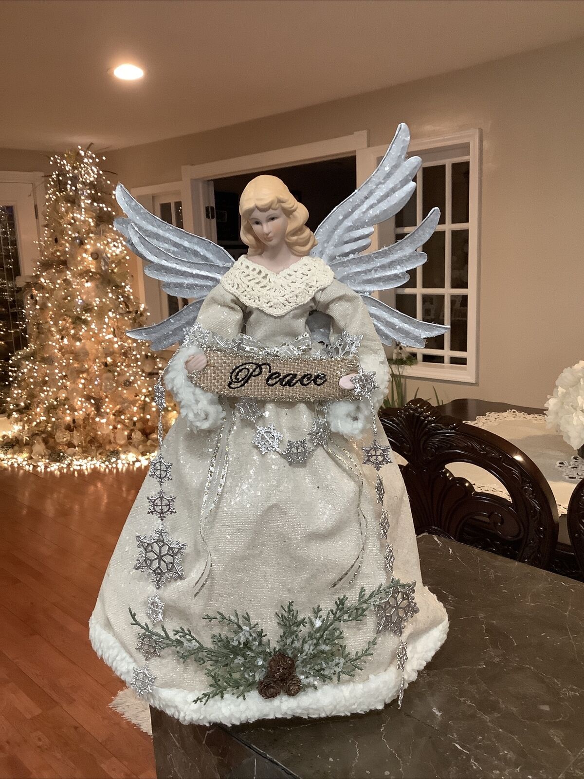 Christmas Angel Tabletop or Tree Topper Ivory & Silver W/ Metal Wings 17”