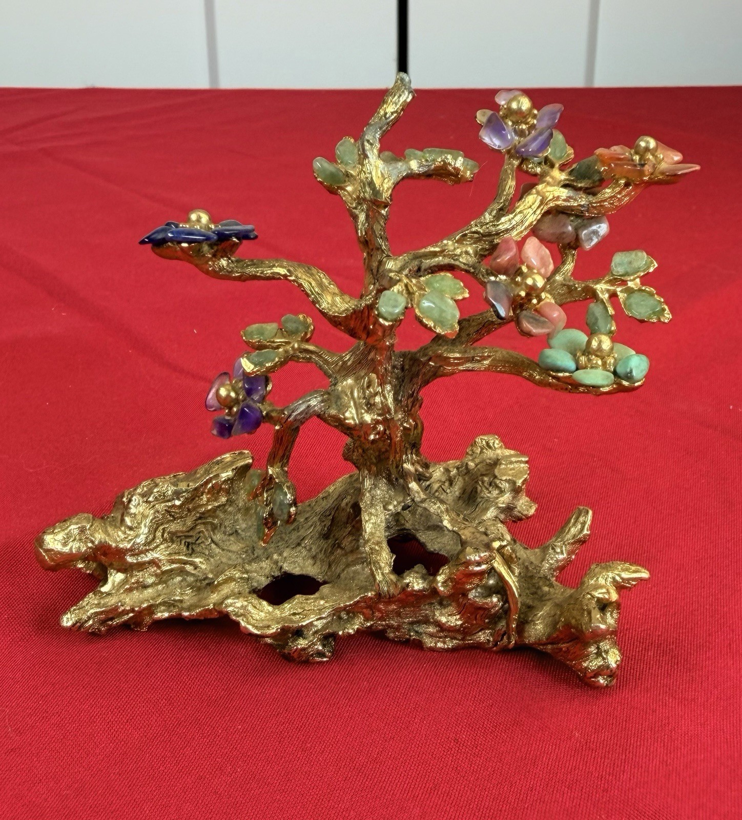 Vtg Edward Swoboda Gemstone Bonsai Tree Jade Amethyst Gold Plated MCM 3.75”