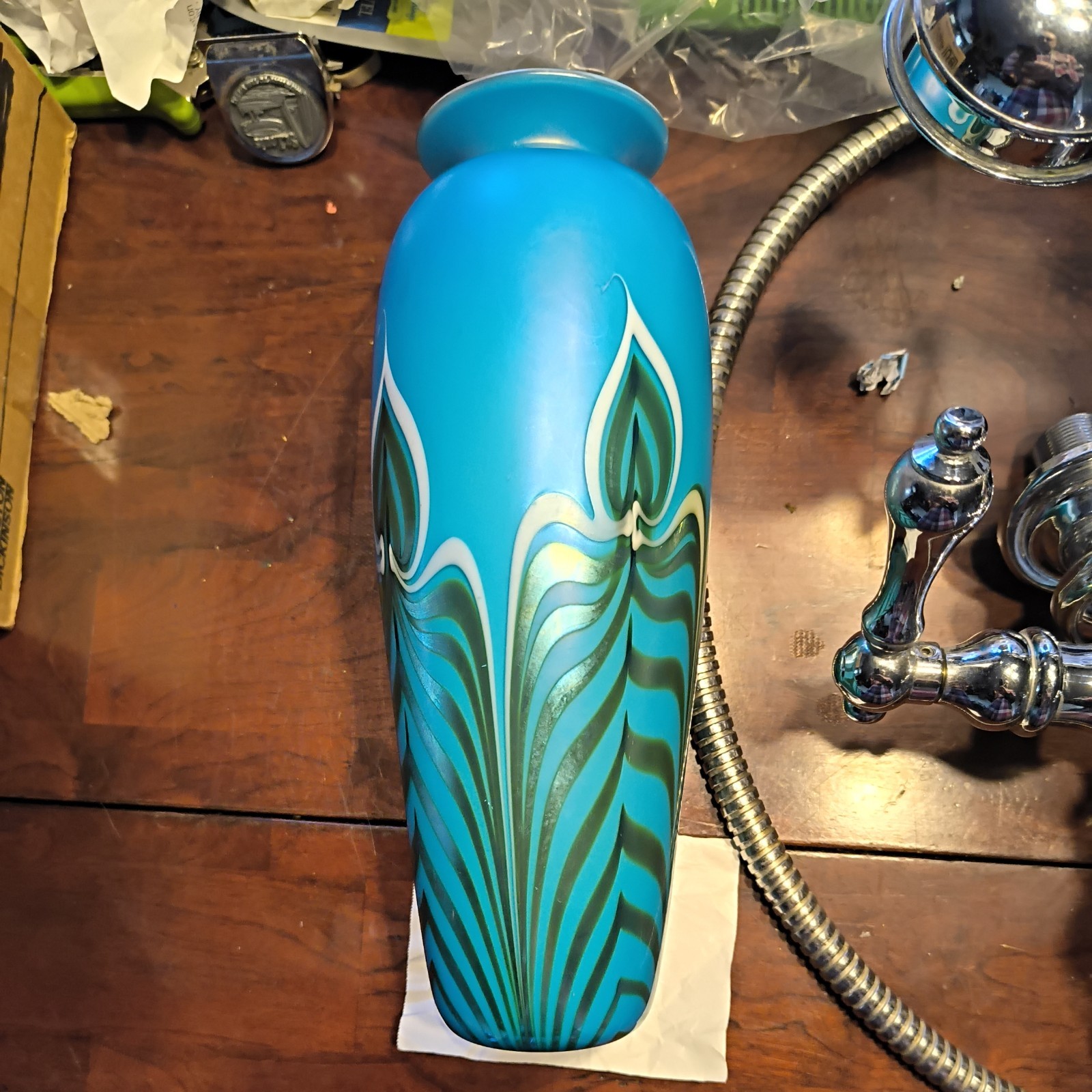 Vintage Carl Radke Aqua white green  Art Glass Vase Signed gorgeous early 10.5