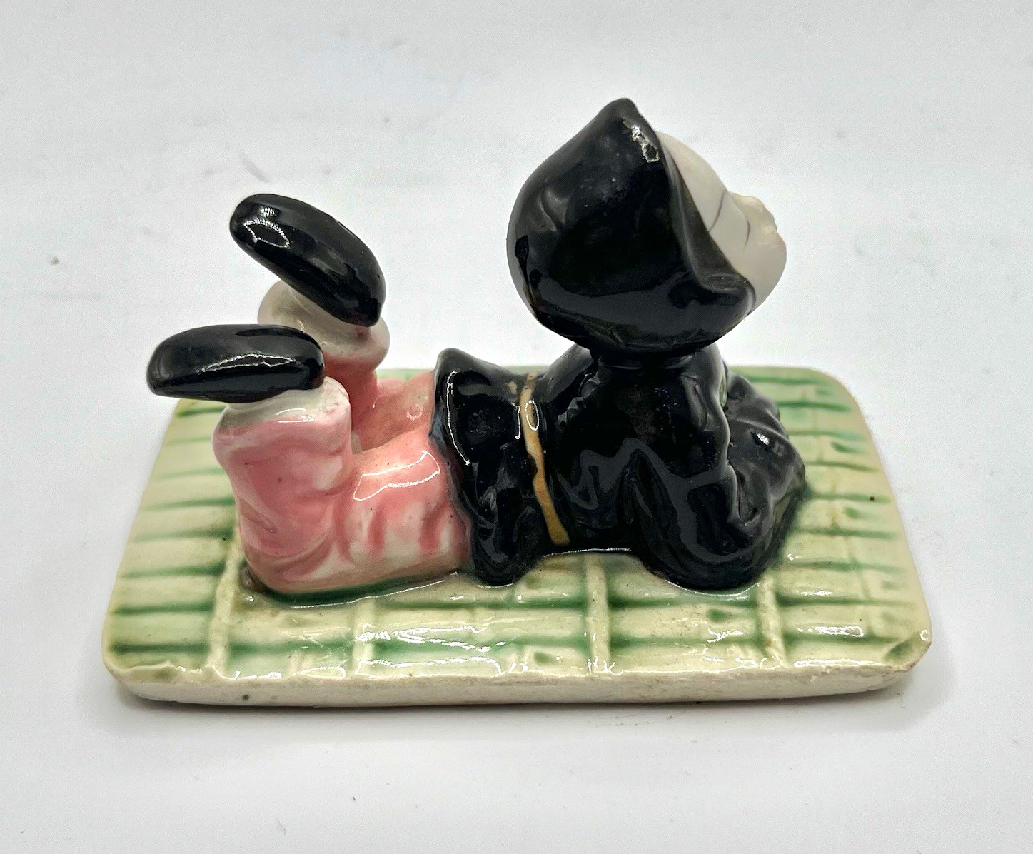 Vintage Japan Glazed Ceramic Girl Child Figurine Green Mat Black White Pink gift