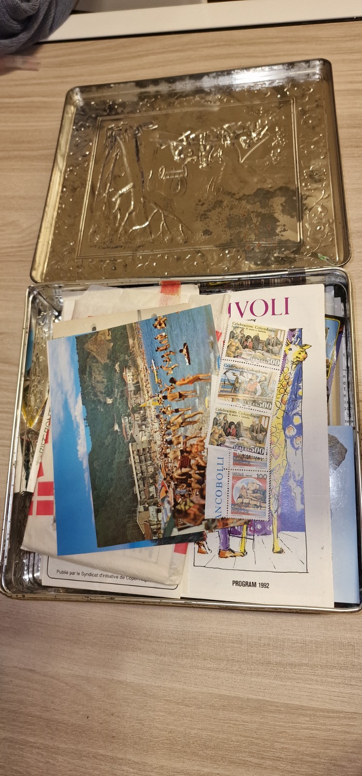 Vintage Tin Box with Painting and Postcards and Stamps - Memorabilia Lot