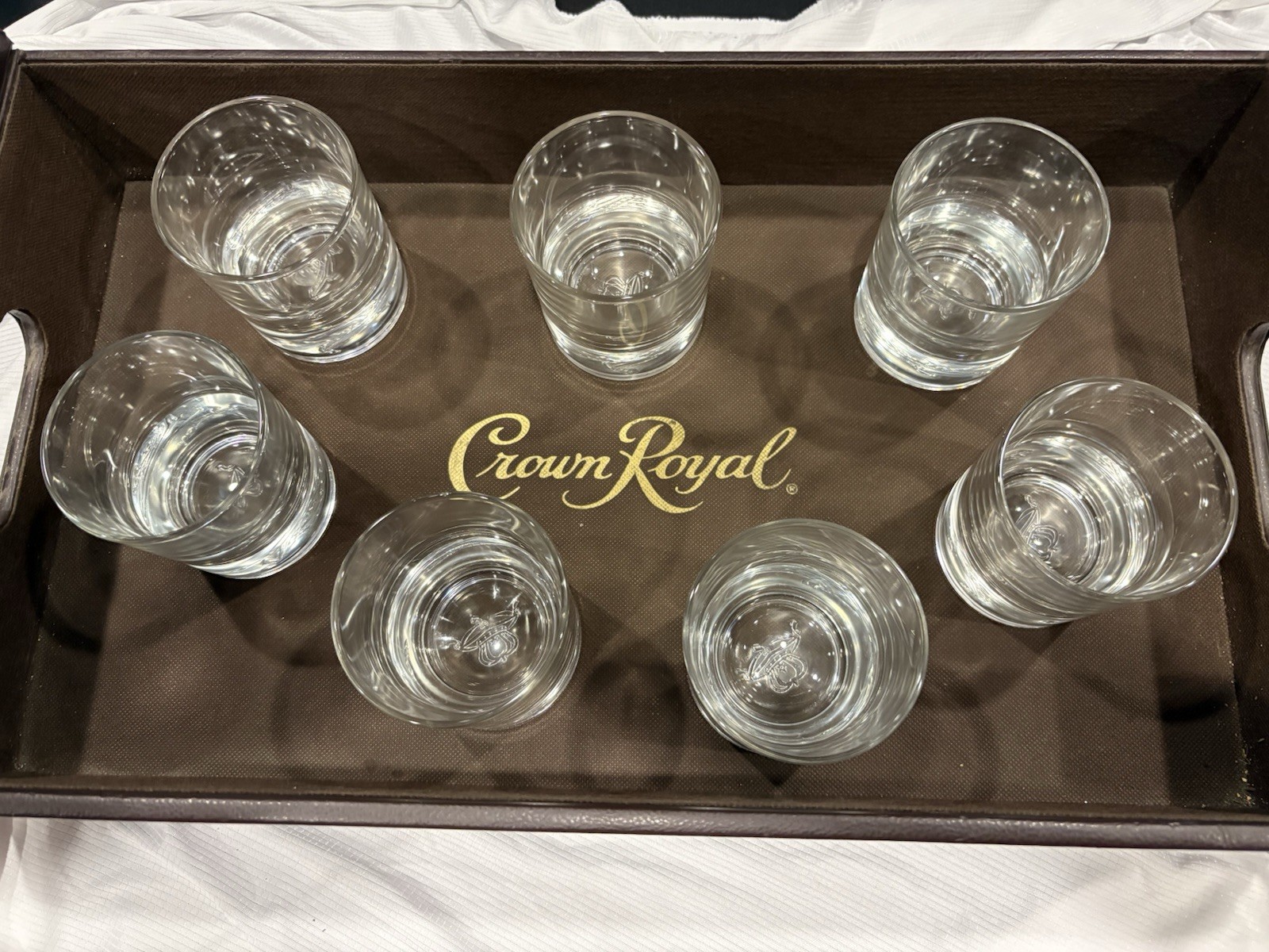 Seven (7) Crown Royal Whiskey Rocks Glasses (Heavy Bottom) with Serving Tray