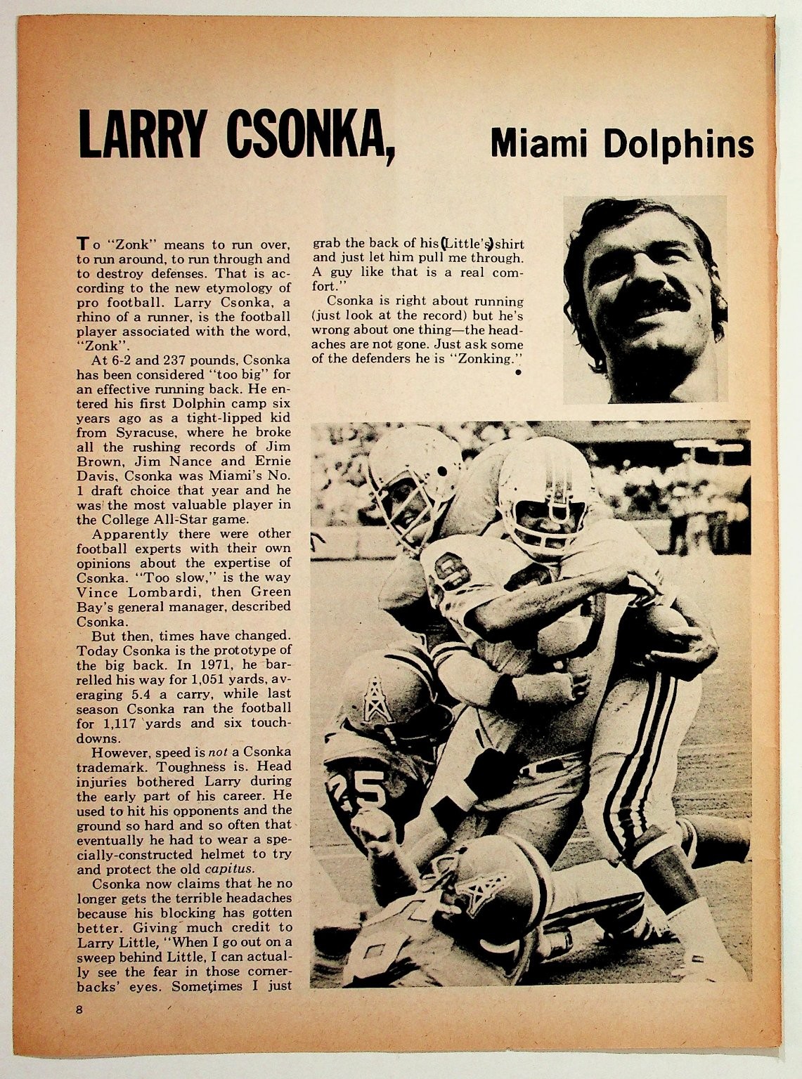 Larry Csonka Miami Dolphins 1973 Vintage Magazine Article Print Ad 8x11