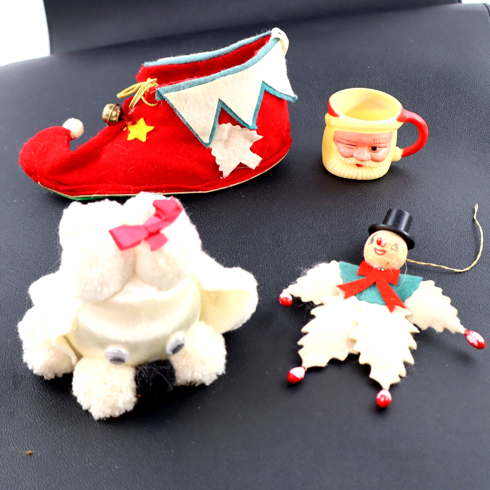 4 Vintage 1960 Lot Ornaments Felt Elf Boot Snowman mini Winking santa mug poodle