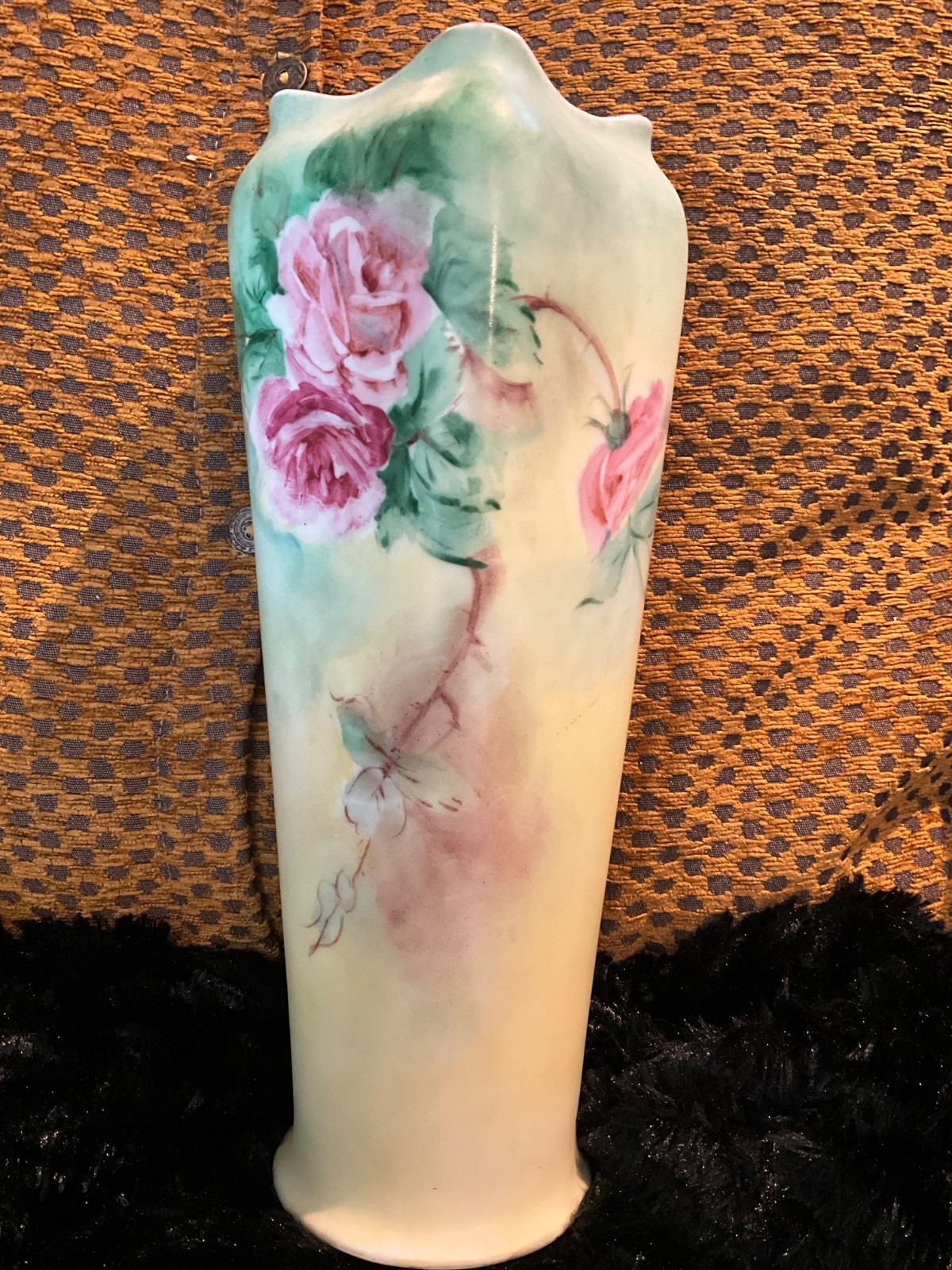 Antique MZ Austria Porcelain Vase Hand Painted Pink Cabbage Roses 12
