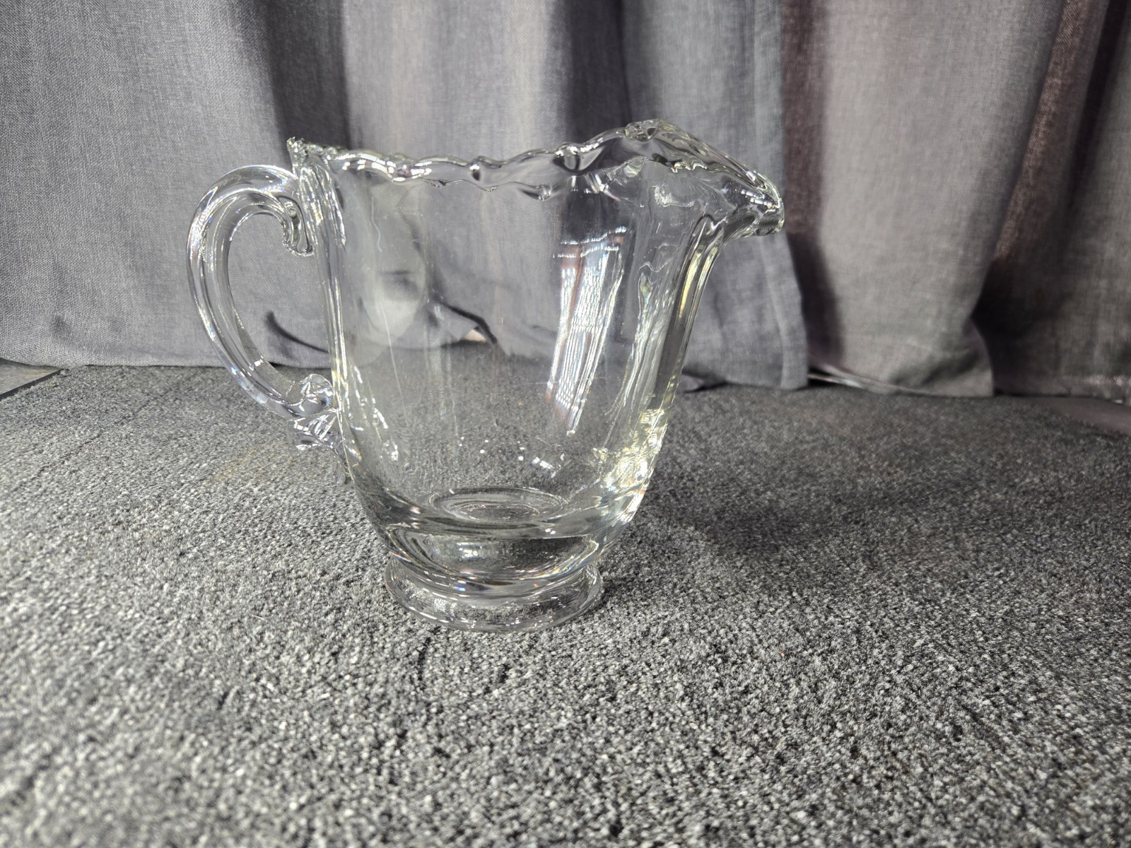 Vintage Clear Pressed Glass Creamer Pitcher Scalloped Rim Applied Handle 48 Oz