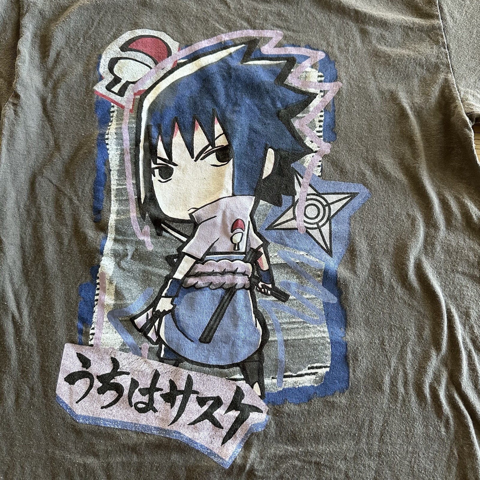 Naruto Shippuden Sasuke Uchiha Gray Graphic T-Shirt Size S Anime Studio Pierrot