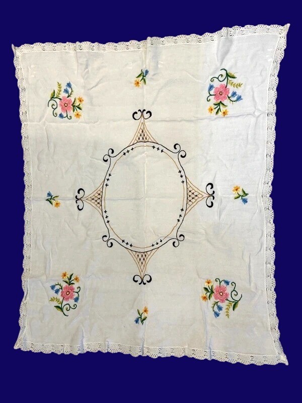 Vintage Embroidered Table Topper 24x30 Floral Lace Cottagecore Handmade