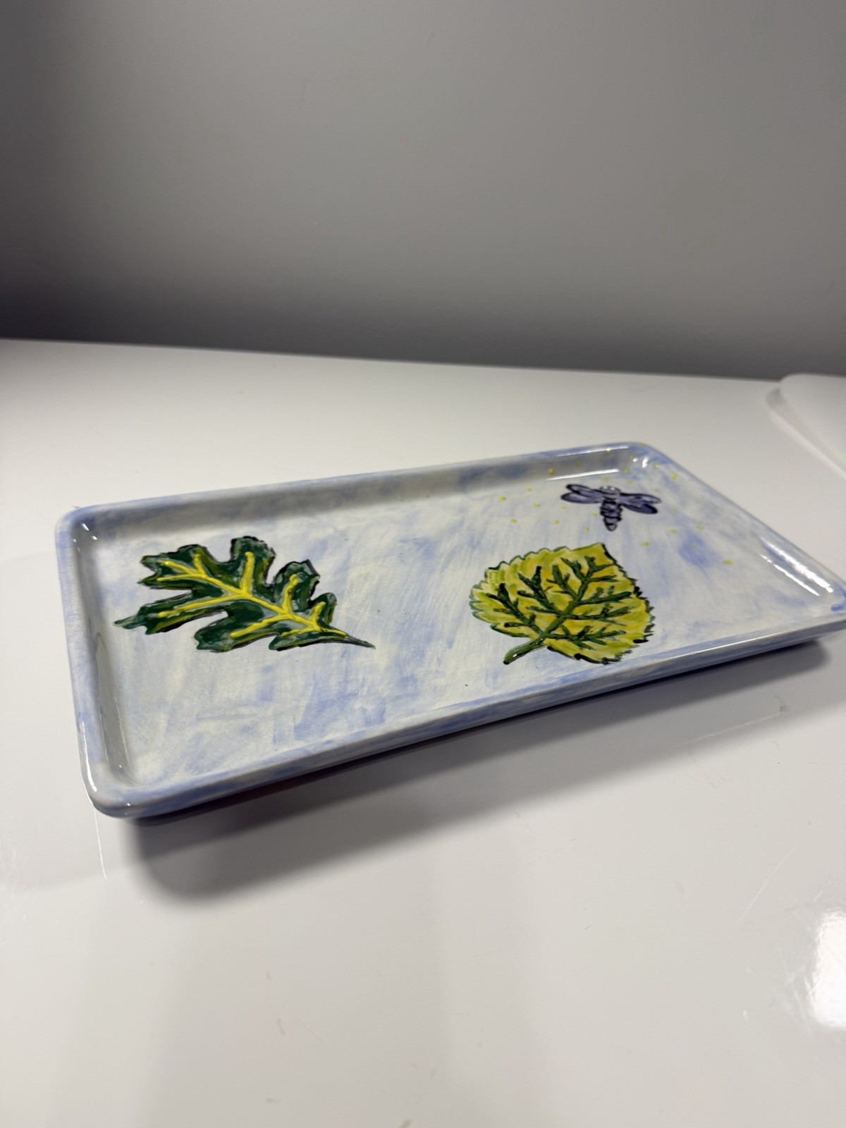 Vintage Signed Ceramic Platter Trinket Tray Hand Painted Leaf & Dragon 2005