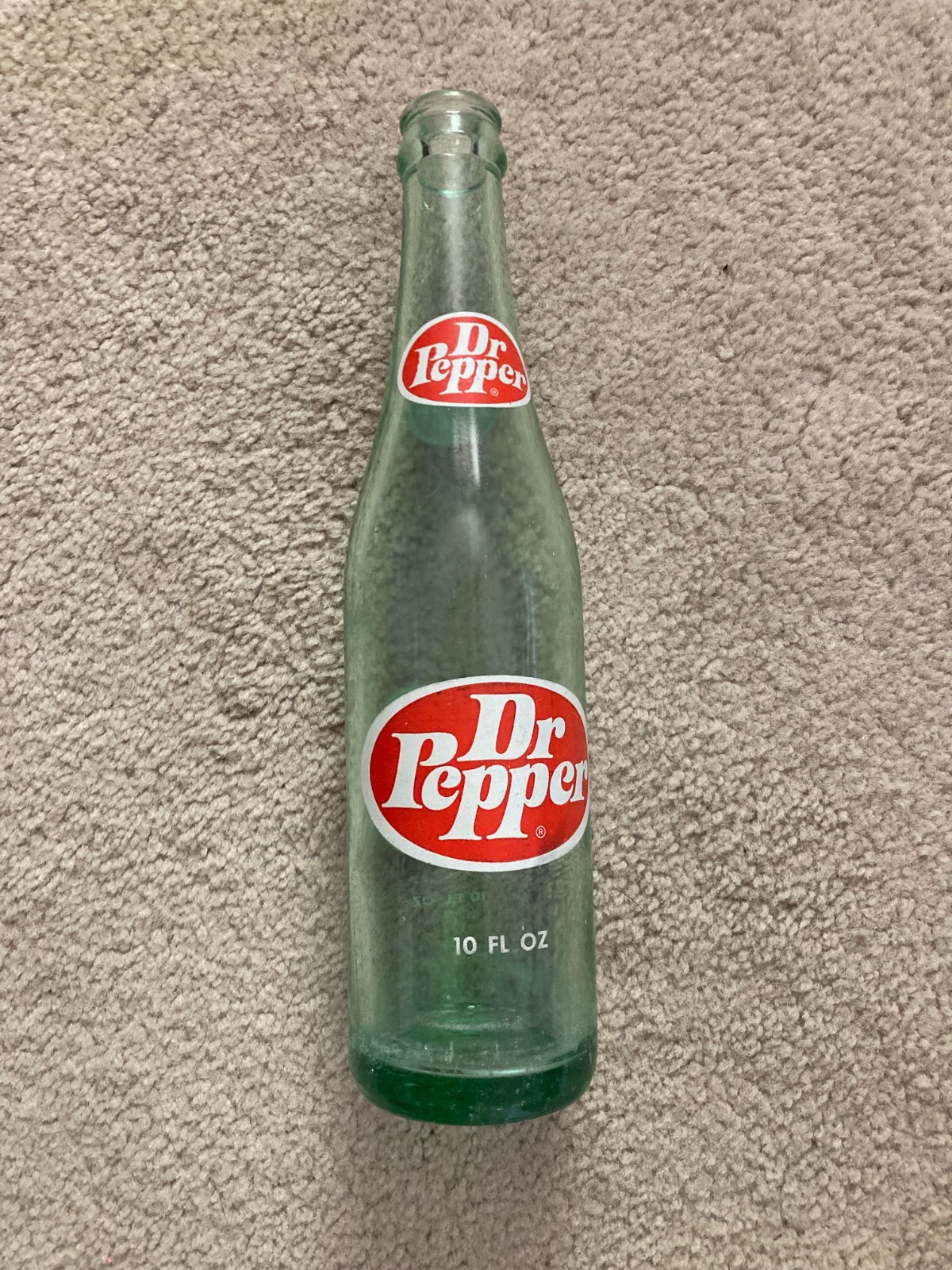 Vintage Dr Pepper 10 oz Green Glass Soda Bottle Red White ACL Logo 1970s