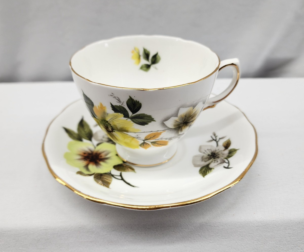 Vintage Royal Vale Bone China Teacup and Saucer Set Yellow Grey Floral England Vintage Royal Vale Bone China Teacup and Saucer Set Yellow Grey Floral England