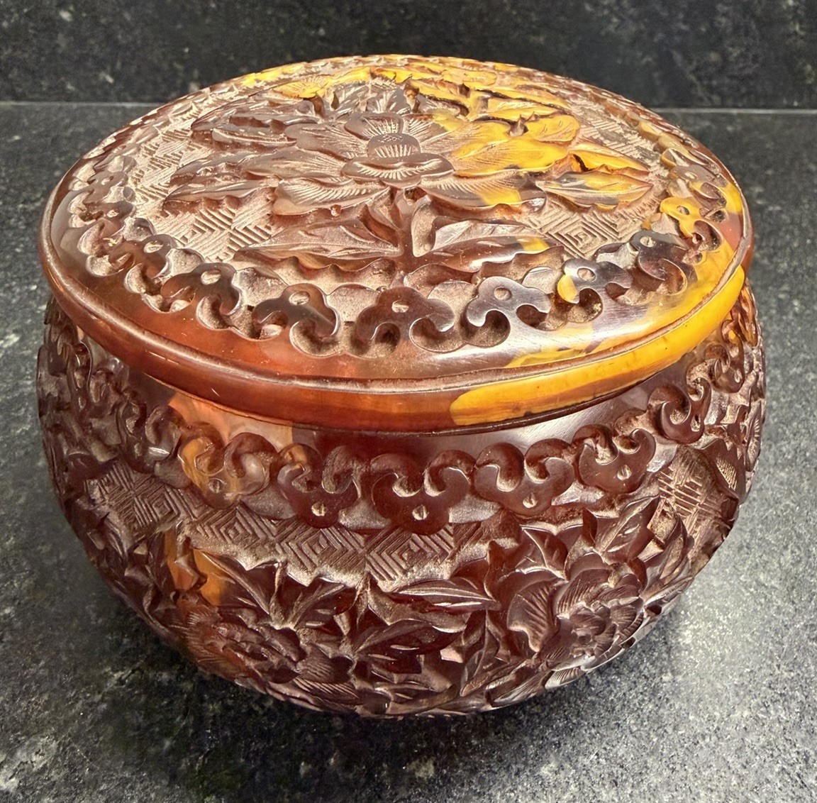 Vintage Carved Amber Resin Floral Trinket Box Bakelite Catalin? 5” Lidded