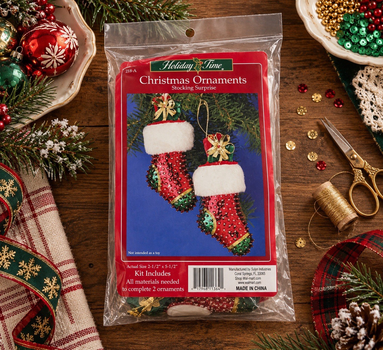 Vintage Holiday Time Sequin Push Pin Ornament Craft Kit Stocking Surprise DIY