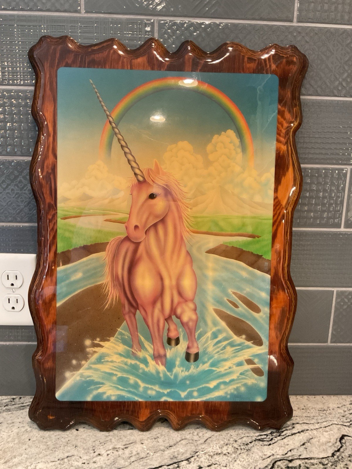 Vintage 80s  Unicorn Pegasus Rainbow Art Plaque Factory Wall Hanging USA Fantasy