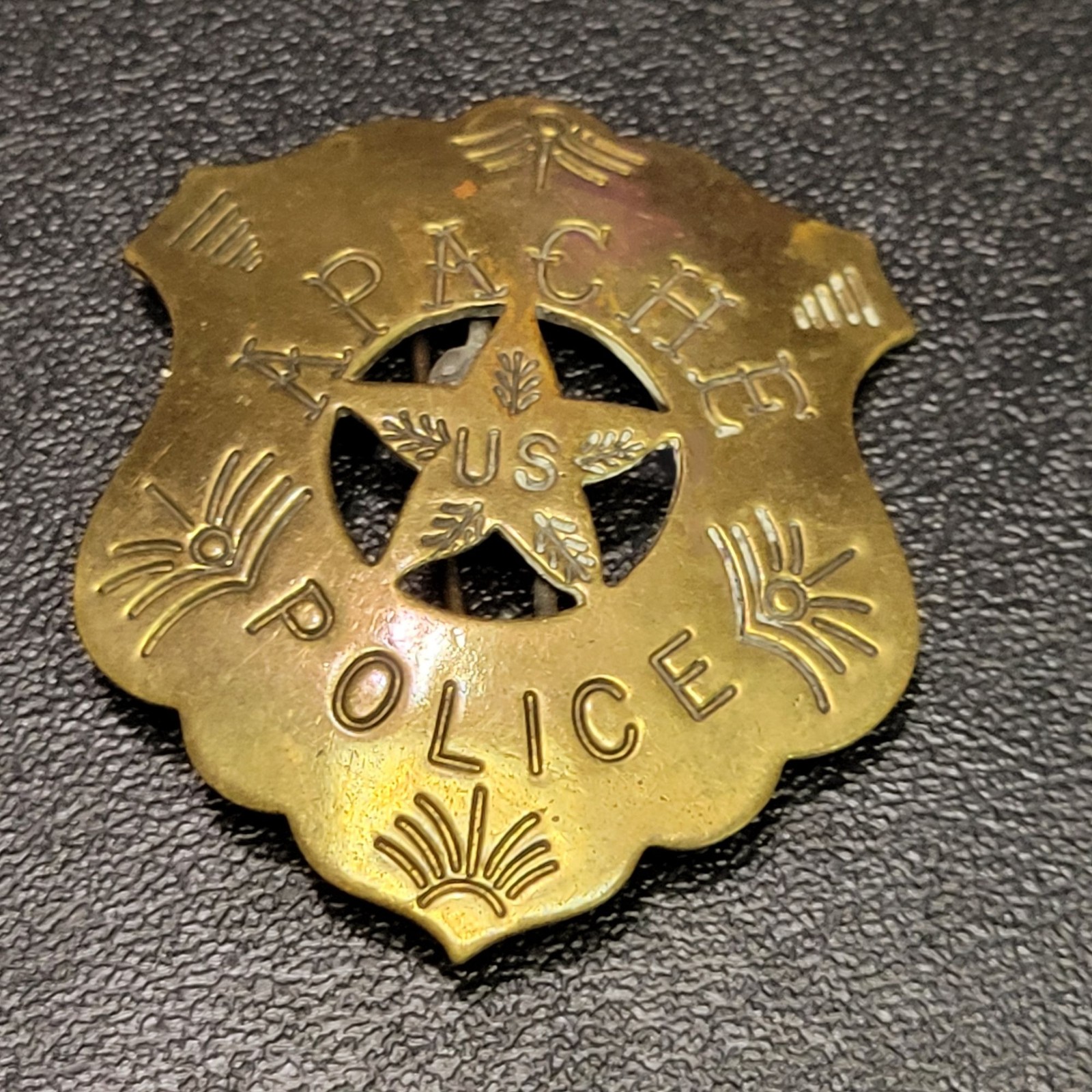 Vintage Apache Police Badge U.S. Star Design Brass Shield Pinback Collectible Vintage Apache Police Badge U.S. Star Design Brass Shield Pinback Collectible