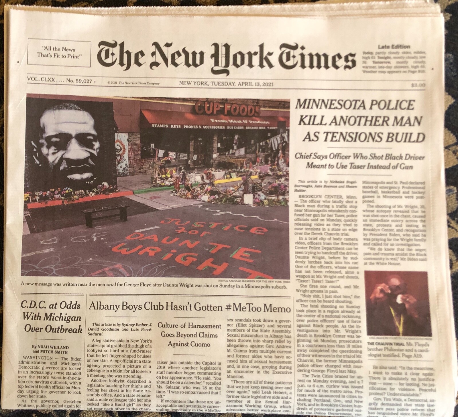 New York Times April 13, 2021  MINNESOTA POLICE KILL ANOTHER MAN- TENSIONS BUILD