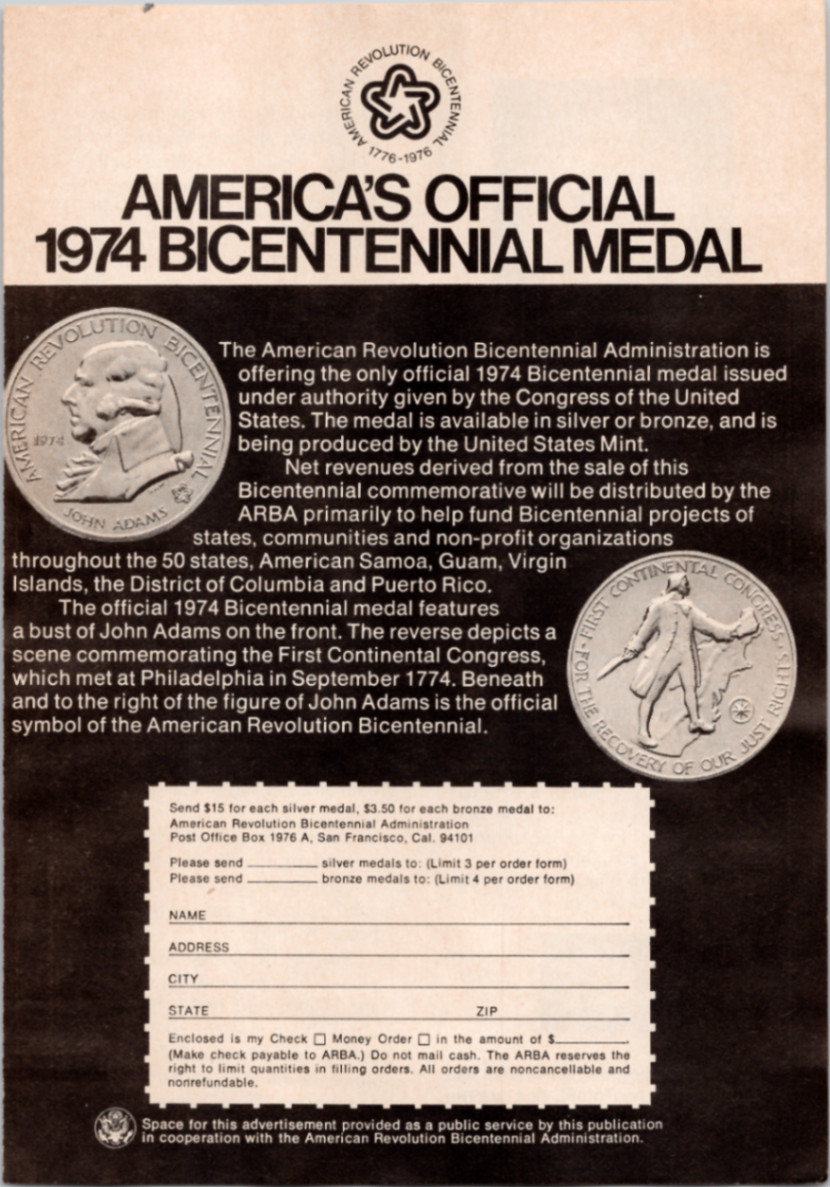 1974 American Revolution Bicentennial Medal Print Ad John Adams US Mint