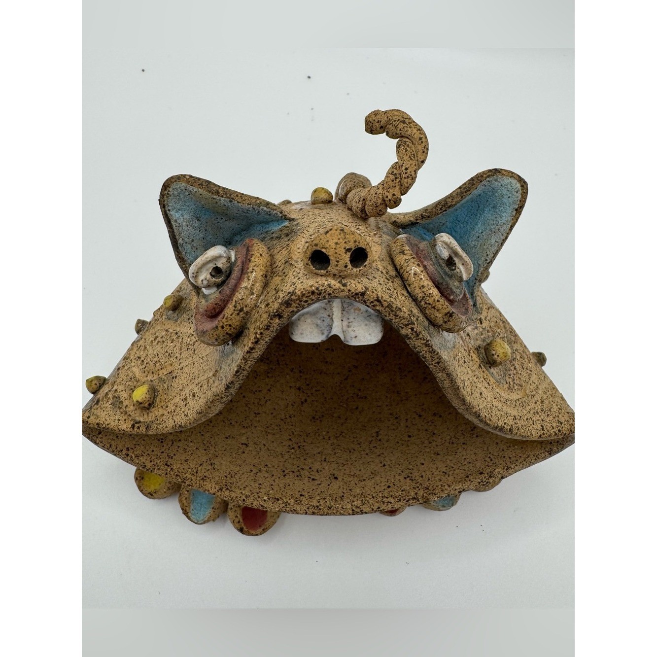 Vintage Studio Pottery Monster Figurine Big Mouth Clay Frog Incense Burner Kitsc